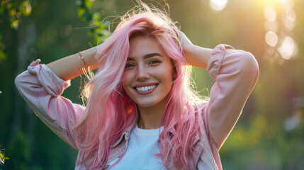 Portrait of an adult pink dyed hair woman with her hands behind her head