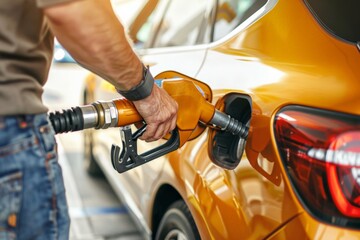 Man refuels car with various parts at gas station