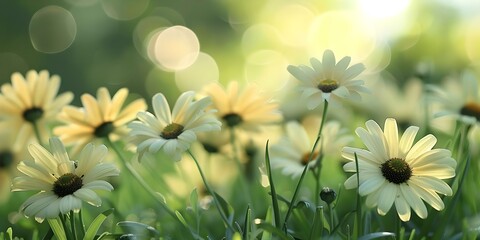 Yellow daisies shining in the sunlit meadow. Concept Nature, Flowers, Sunshine, Meadow, Yellow Daisies