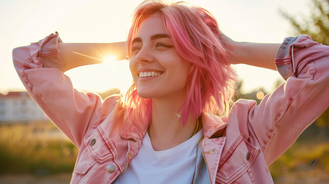 Portrait of an adult pink dyed hair woman with her hands behind her head