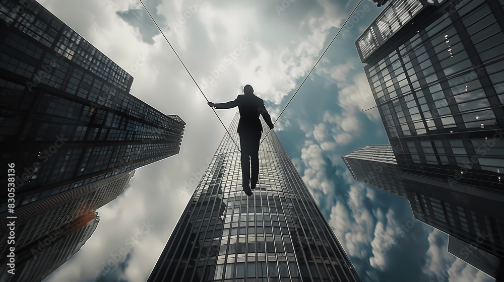 Poster A manager in a formal suit, carefully traversing a tightrope between two skyscrapers, low angle view. Generative AI.