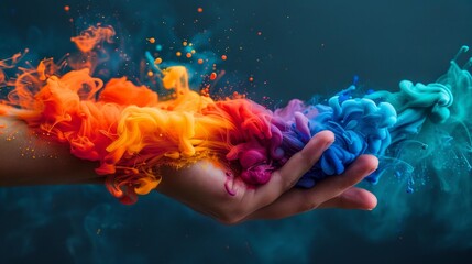 A hand holding a colorful spray of paint