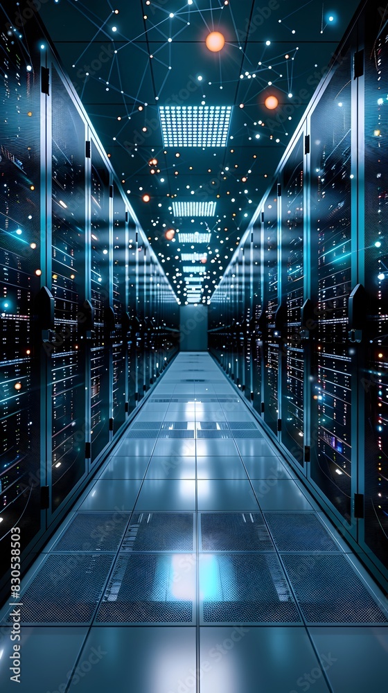 Poster high tech data center with advanced network security features showcasing digital innovations and fut