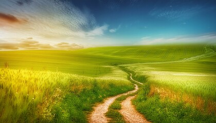 Fototapeta premium Scenic dirt road leading through a golden field Warm sunset over rural dirt road and field vibrant green grass field in a hilly area during the morning at dawn against a backdrop of a blue sky 