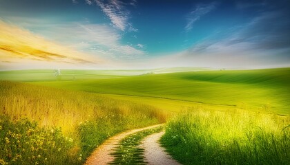 Fototapeta premium Scenic dirt road leading through a golden field Warm sunset over rural dirt road and field vibrant green grass field in a hilly area during the morning at dawn against a backdrop of a blue sky 
