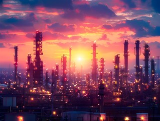 Fototapeta premium Sunset Over Industrial Oil Refinery with Pipelines and Distillation Columns Silhouetted Against Vibrant Sky