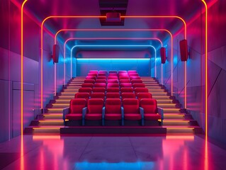 Retro Futuristic Cinema Auditorium with Vibrant Neon Lighting and Modern Architectural Design