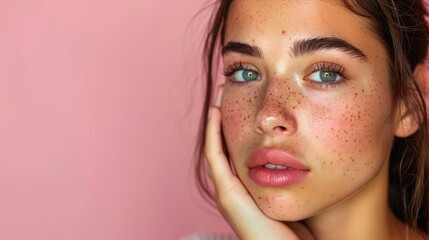  A woman with a freckled chin touches her face, hands positioned beneath and above Pink wall at back of head, pink background