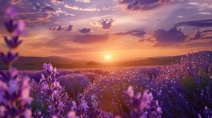 A lavender field with a majestic sunset behind it. Generative AI.