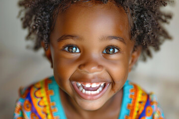A little Black child with an open-mouthed, cheerful grin