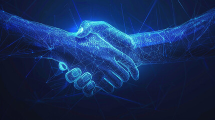 Two wire-frame glowing hands in a handshake captures the essence of technology and business collaboration, technology concept
