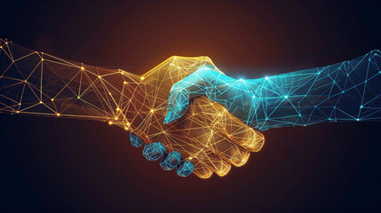 The handshake between two wire-frame hands embodies the concept of trust in technological advancements.