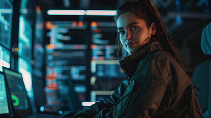 Fototapeta premium A young beautiful woman is sitting in front of several monitors with different graphs, statistics and figures with a serious expression on her face. 
