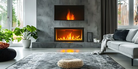 Modern living room with cozy fireplace and seamless looping video overlay. Concept Modern Living Room, Cozy Fireplace, Seamless Looping Video, Home Decor, Interior Design