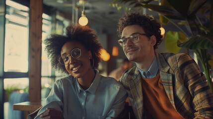 Obraz premium A beautiful heterosexual couple in a restaurant. A young man and a woman are sitting at a table in a cafe. A woman with glasses and smiling