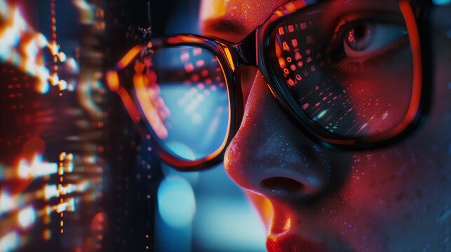 Close-up of the administrator in the server room. A woman with glasses looks at a computer screen with a lot of numbers and symbols