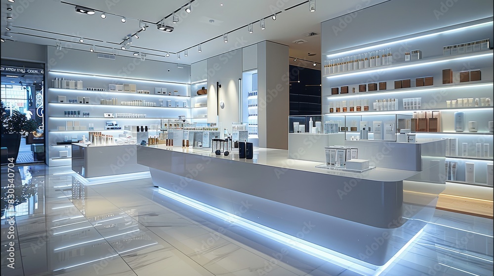 Poster show acrylic solid surface display counters in a modern retail store, featuring sleek, seamless desi