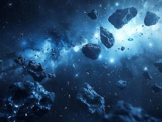 Luminescent various asteroid rocks flying in space field
