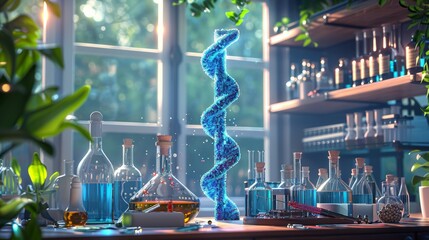 the process of genetic engineering with scientists editing DNA, advanced lab equipment, and breakthroughs in medicine and agriculture 