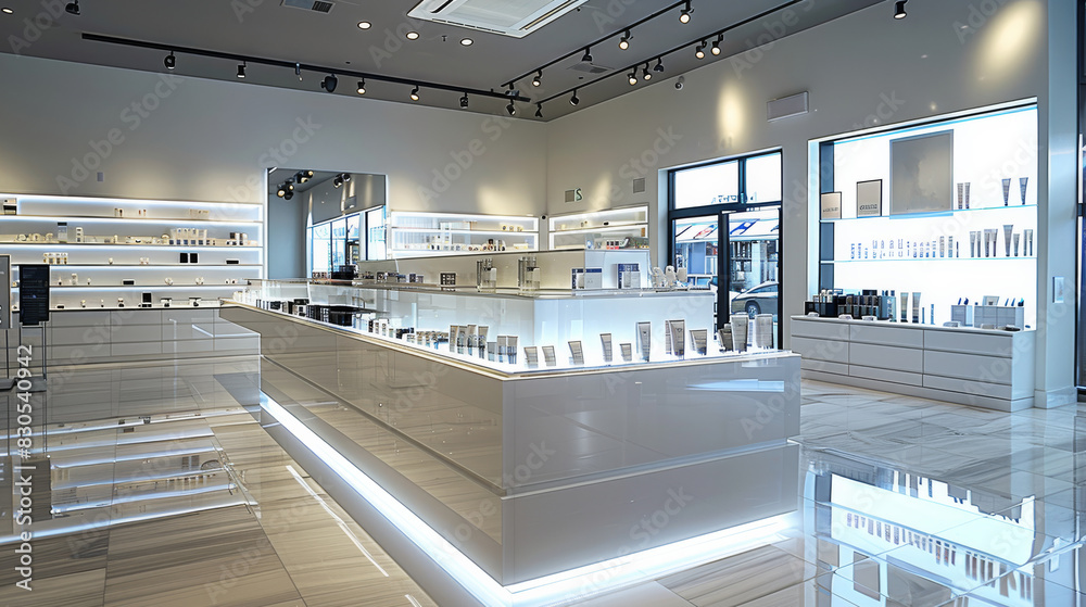 Poster show acrylic solid surface display counters in a modern retail store, featuring sleek, seamless desi