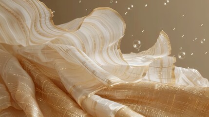  A close-up of a fabric with water drops emerging from its center, followed by water droplets hovering above and settling on the fabric's surface