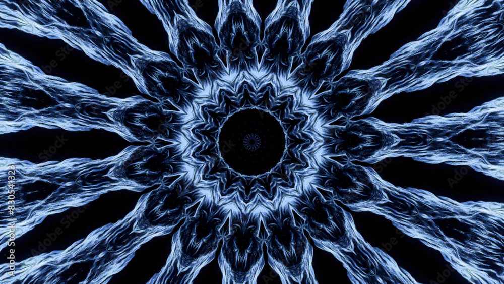 Poster kaleidoscopic pattern looking like sun with spreading rays. animation. symmetrical pattern with ener