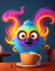 a colorful 3D cartoon character with a coffee cup 