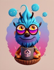 Fototapeta premium a cartoon of a colorful monster with mug on the table