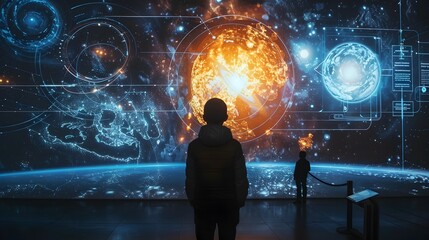 Futuristic Holographic Solar System Display in Space Museum - Powered by Adobe