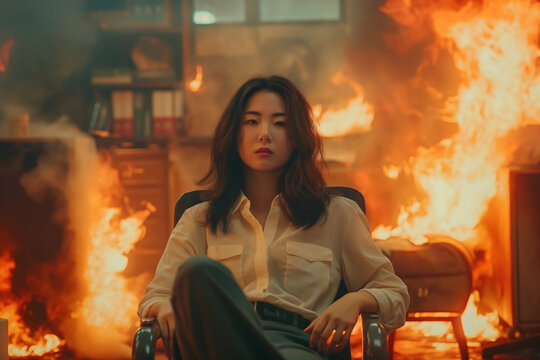young asian office lady sits amidst the chaos of a flaming office, but her expression is surprisingly serene