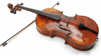 Fototapeta premium Elegant Vintage Violin with Bow on White Background - Classical Music Concept