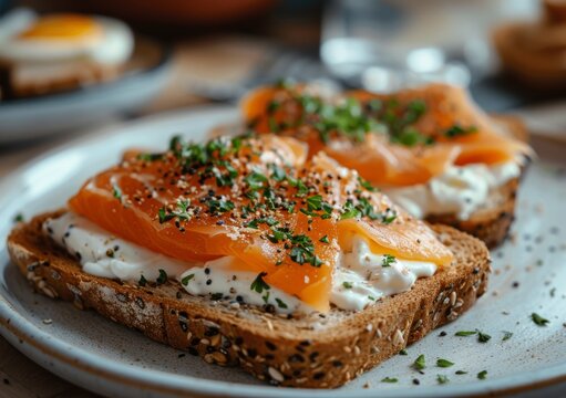Delicious Breakfast with Smoked Salmon and Fresh Herbs Generative AI
