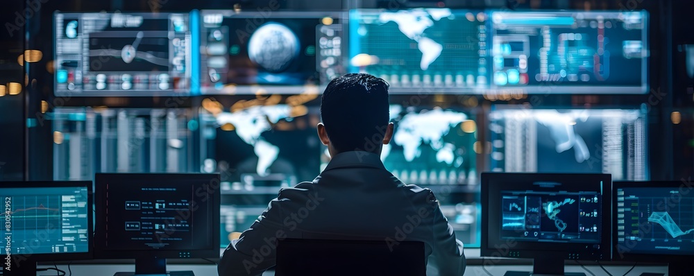 Poster monitoring a probe s landing on an asteroid from a high tech control room in a space concept
