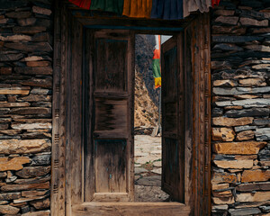 Door in an old monastery during Tsum Valley Trek, Nepal