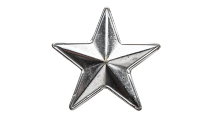 chrome silver metal star isolated on transparent background, star cut out 
