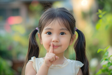 asian little girl covering her mouth while tried to keep her secret
