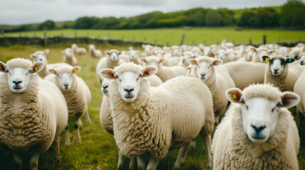 Fototapeta premium Flock of white sheep in the pasture representing conformity and herd mentality