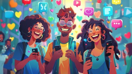 Playful illustration of three young adults with smartphones, enjoying social media interactions