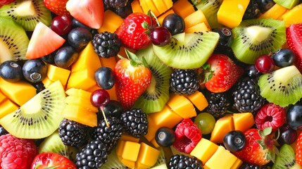 Obraz premium Assortment of healthy raw fruits and berries platter background, strawberries raspberries oranges plums apples kiwis grapes blueberries, mango, top view, selective focus