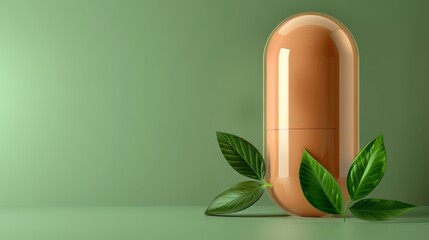 Fresh green leaves of pills and capsules on green background.