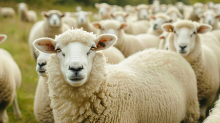 Flock of white sheep in the pasture representing conformity and herd mentality
