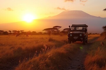 Jeep Driving Down Dirt Road at Sunset. Generative AI