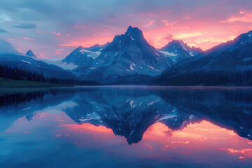 Twilight sky reflects on a calm mountain lake, creating a peaceful mirror image