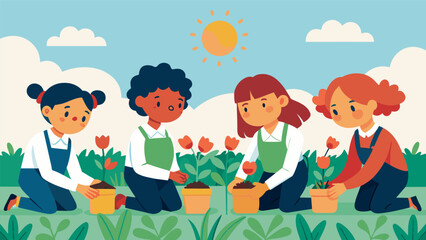 In the school garden a group of young students take turns planting tulip bulbs in neat rows eagerly anticipating their springtime bloom.. Vector illustration