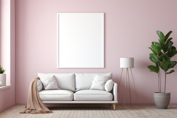 Pink walls living room with white couch. Generative AI