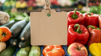 Blank Price Tag on Colorful Fresh Vegetables Background at Farmers Market