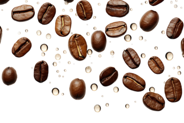 Dancing Coffee Beans in the Air on White or PNG Transparent Background.