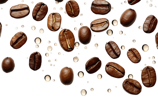 Dancing Coffee Beans in the Air on White or PNG Transparent Background.