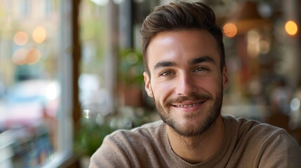 Fototapeta premium Smiling Young Man Enjoying Time at a Cozy Cafe - Portrait with Warm Ambience