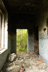 The ruins of building in old soviet army base in Latvia, Europe. Collapsed house.
